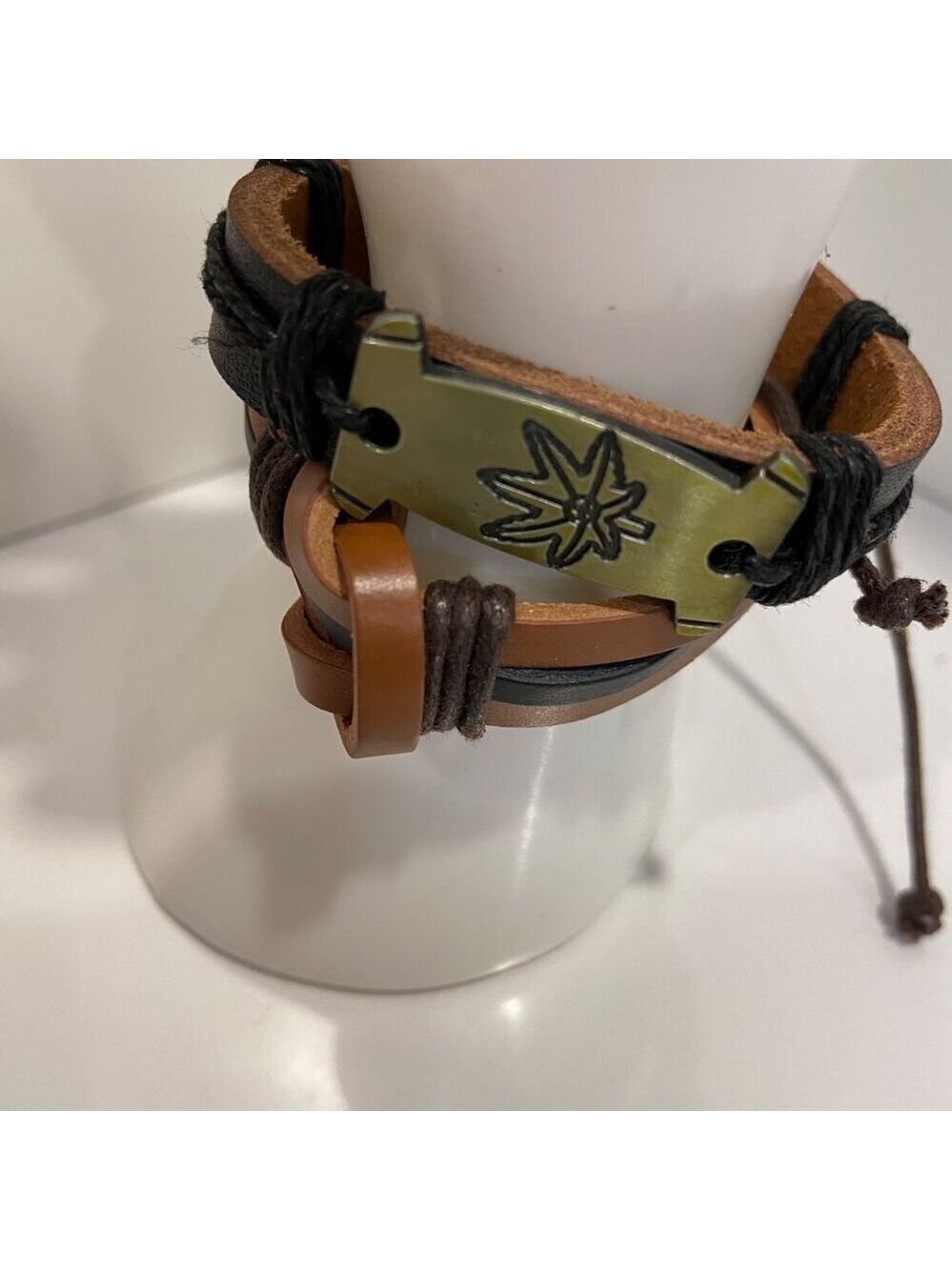 Pot Leaf Weed Leather 2 Bracelet duo Set With Metal Plate & Adjustable Strap